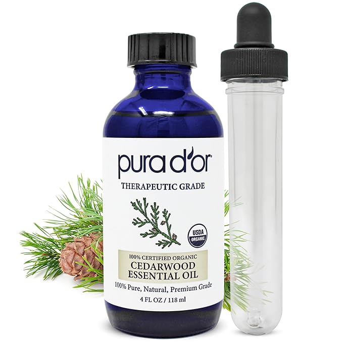 PURA D'OR Organic Cedarwood Essential Oil (4oz with Glass Dropper) 100% Pure & Natural Therapeutic Grade for Hair, Body, Skin, Aromatherapy Diffuser, Relaxation, Massage, Odors, Home, DIY Soap