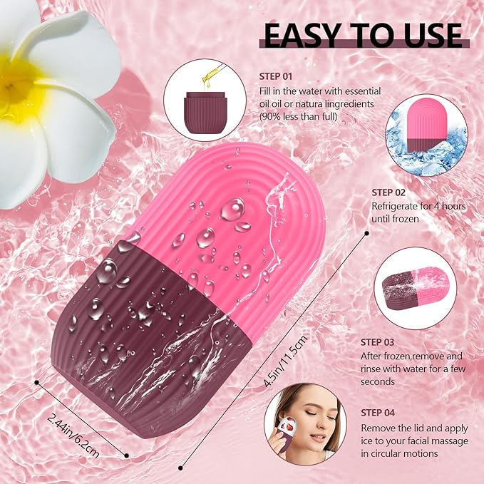 Ice Roller for Face and Eye, Silicone Ice Facial Roller Ice Holder, Face Ice Mold Skin Care, Face Icers Reusable Ice Cube Roller for Shrink Pores Anti Wrinkle Reduce Puffiness, Rose