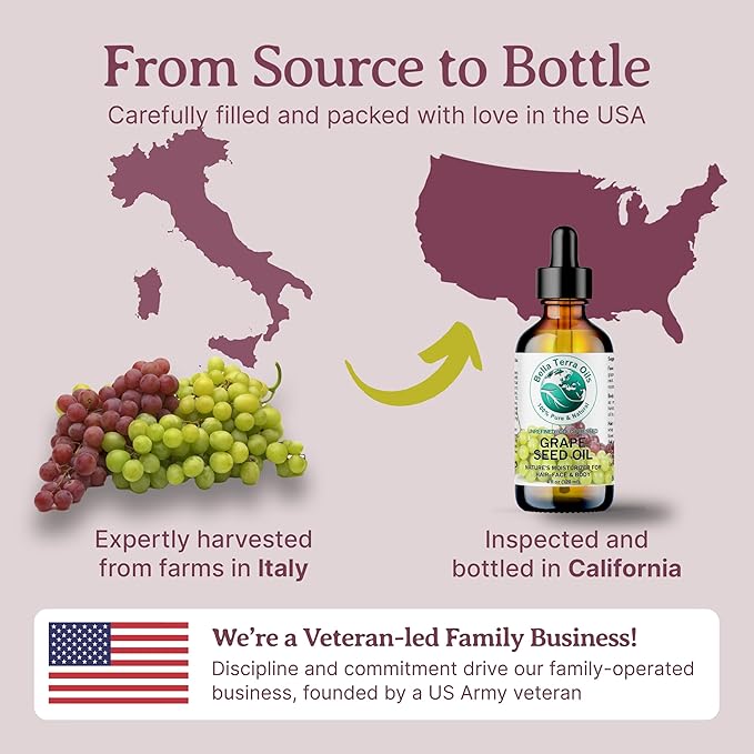 Bella Terra Oils - Organic Grape Seed Oil 8 oz - Dive into Organic Grape's Nutritional Power, Packed with Antioxidants & Omega-6, Elevate Your Skin Care Essence