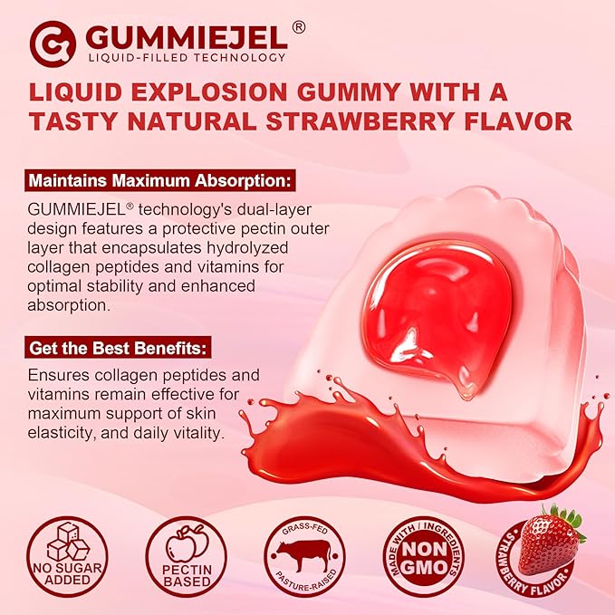 2Pack Sugar-Free Hydrolyzed Collagen Peptide Filled Gummies for Women & Men, with 1500mg Protein Type I,II,III,V,X, 5000mcg Biotin Vitamin C A E D3 B6 B12 for Immune Digestion Skin Hair Nails, Bone