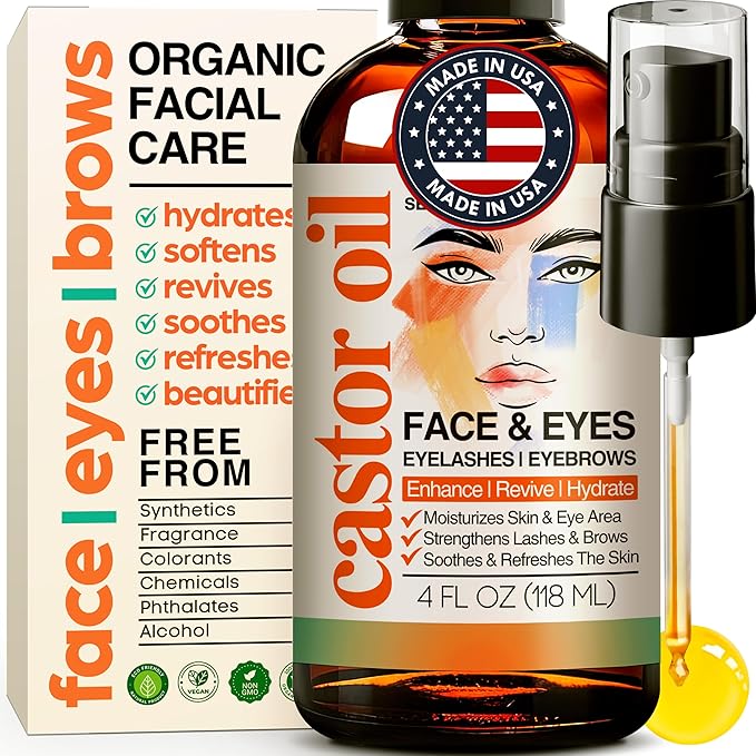 Organic Castor Oil For Face Moisturizer, Eyes, Eyelashes, Eyebrows, Wrinkles with Jojoba, Rosehip, Grapeseed, Squalane, Palmarosa, Bergamot and Vitamin E for Gentle Skin, Men & Women 4oz