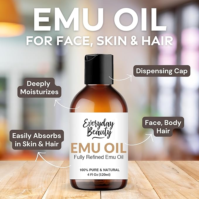 Pure Australian Emu Oil - All Natural 6X Refined for Face, Skin and Hair - Highly Effective Hydration for Sensitive Skin and Hair Growth - Perfect for Scars and Blemishes - 4 oz