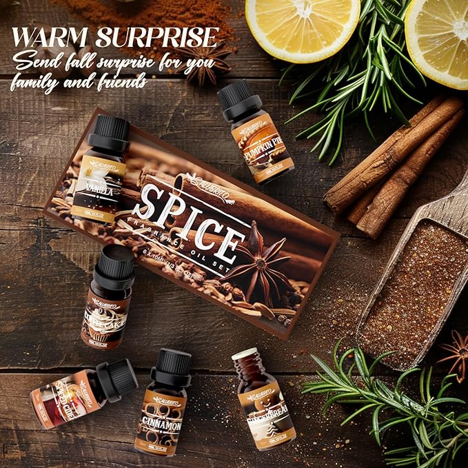SALUBRITO Spice Fragrance Oils Set, Premium Essential Oils Set for Diffuser, Candle, Soap Making, Warm Fall Scented Oil, Cinnamon, Spiced Cider, Pumpkin Pie, Coffee Cake, Gingerbread, Vanilla