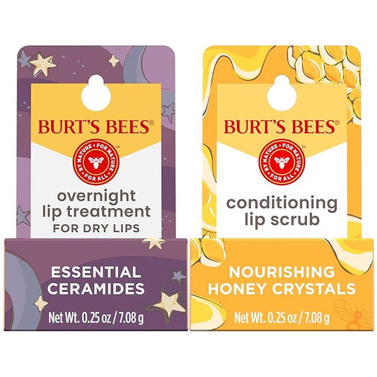 Burt’s Bees Conditioning Lip Scrub and Overnight Intensive Lip Treatment, With Ceramides, College Back to School Dorm Essentials, Exfoliates and Hydrates Lips 8 Hours, Natural Origin, 2 Jars, 0.25 oz