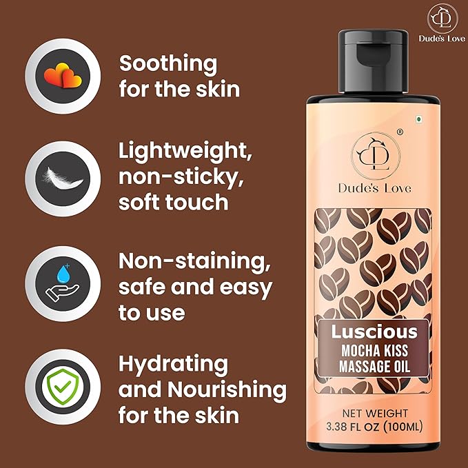 Dude's Love - Organic - Luscious Mocha Kiss Massage Oil - Coffee Massage Oil | No Stain - Non-Sticky | Nourish & Moisturize Skin | Aromatherapy Vegan Oil - 3.38 Fl Oz