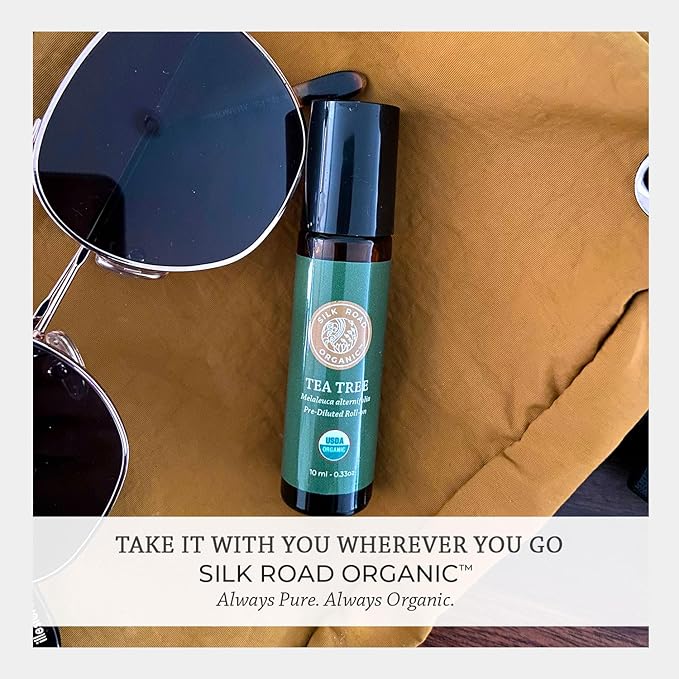 Silk Road Organic Tea Tree Essential Oil Roll On, 100% Pure USDA Certified – Healthy Skin, Toenails, Feet, Body Odor - 10 ml Roller - Always Pure, Always Organic