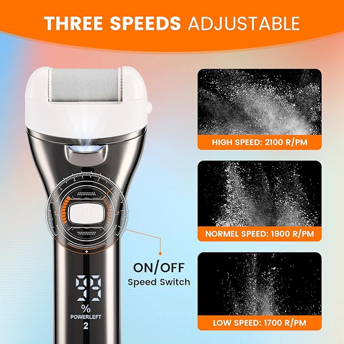 Electric Foot Callus Remover, Rechargeable Portable Electronic Foot File Pedicure Kits, 3 Roller Heads, 3 Speed, Battery Display for Remove Cracked Heels Calluses and Dead Skin Ideal Gift
