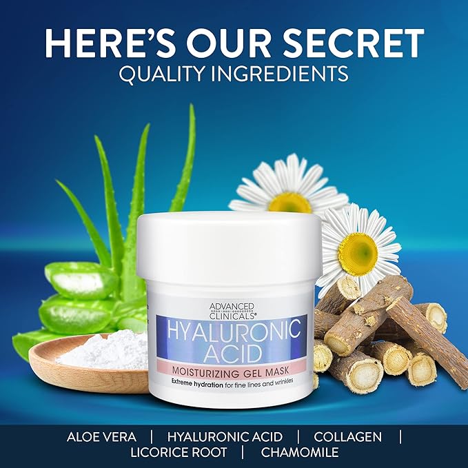 Advanced Clinicals Hyaluronic Acid Gel Facial Mask Skin Care, Brightening, Hydrating Anti Aging Face Mask & Moisturizer Helps Transform Dry Skin W/Collagen, Chamomile, Aloe Vera, 5 Fl Oz (Pack of 2)