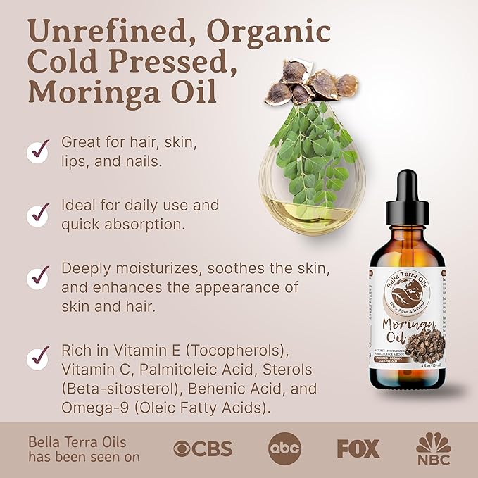 Bella Terra Oils - Organic Moringa Oil 4oz - The Power of Pure Premium Organic Moringa, Fortified with Vitamin A & C, Enhancing Skin's Natural Brilliance