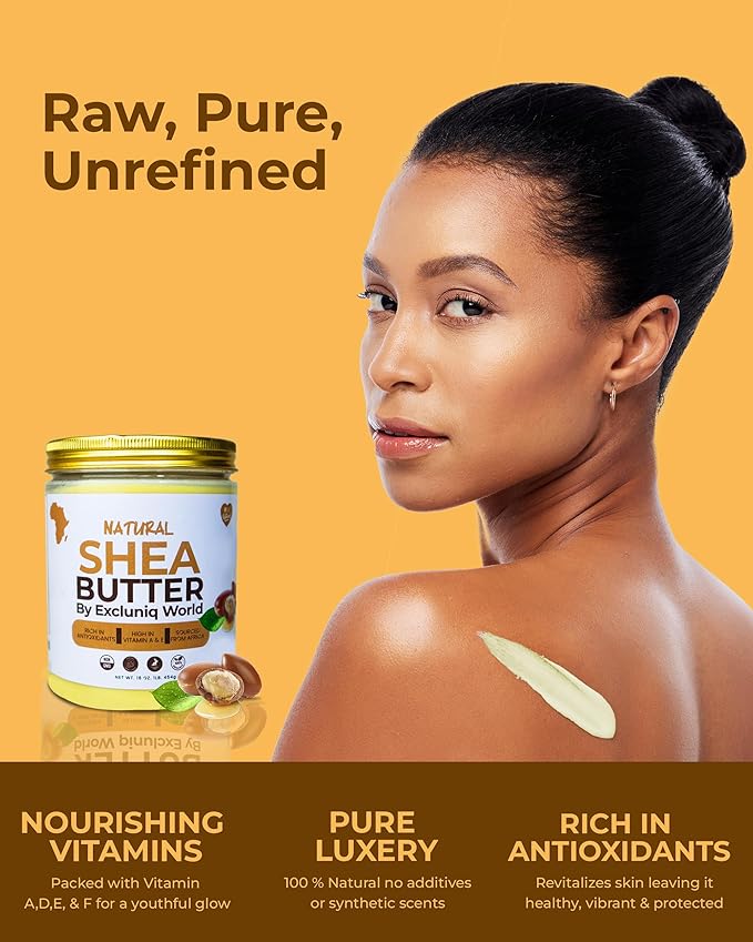 Natural Shea Butter by Excluniq World | Deep Moisturizer for Skin and Hair | Ideal for DIY Skincare, Haircare, and Natural Remedies | Unrefined, Raw, and Organic Soothing balm in 16 Oz Jar