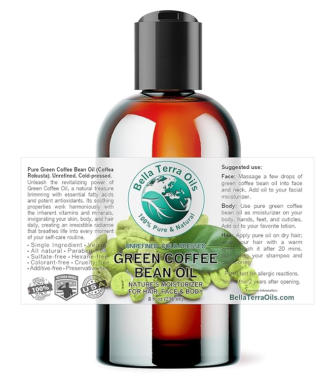 Bella Terra Oils - Green Coffee Bean Oil 8 oz - Famed for Trigonelline & Nutritional Compounds, Elevate Beauty Rituals with this Caffeine Oil Delight