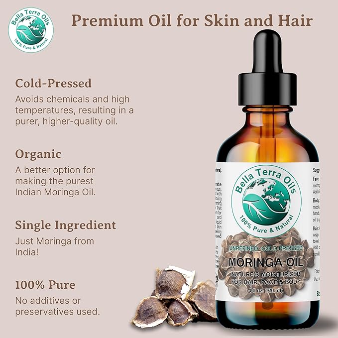 Bella Terra Oils - Organic Moringa Seed Oil 8 oz - Dive into the Essence of Organic Moringa, Rich in Unsaturated Fatty Acids, Elevate Your Skin's Softness and Glow