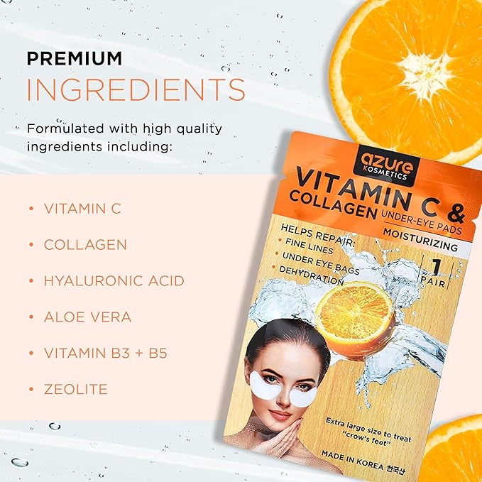 AZURE Collagen & Vitamin C Hydrating Under Eye Pads - Toning, Moisturizing & Rejuvenating Eye Mask Patches - Reduces Fine Lines, Wrinkles, Dark Circles & Puffiness - Skin Care Made in Korea - 10 Pairs