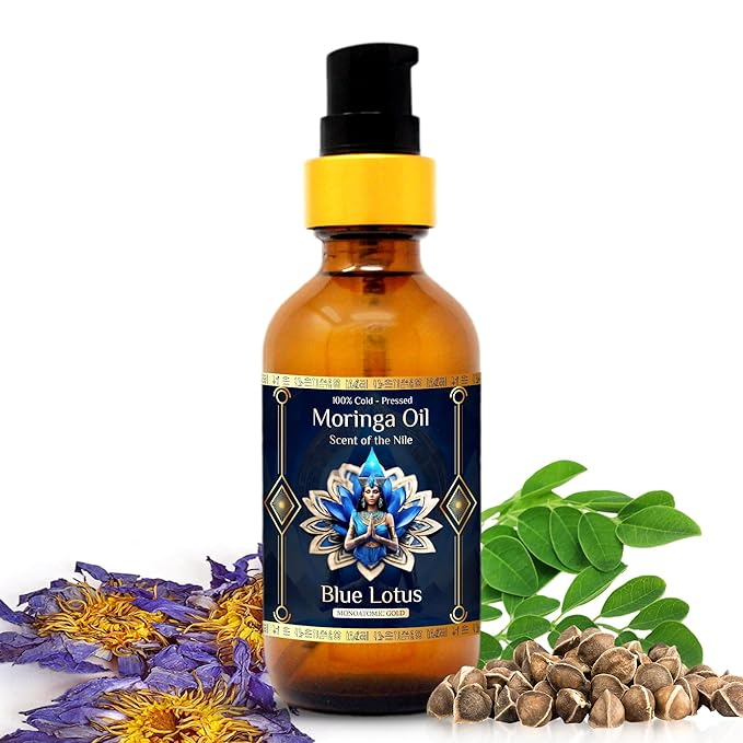 Pure Organic Moringa Oil with Blue Lotus Flower & Ormus Gold – Hydrating & Anti-Aging Oil for Skin, Hair & Nails – Premium 100% Cold Pressed Moringa Seed Extraction, Nourishes & Hydrates Skin