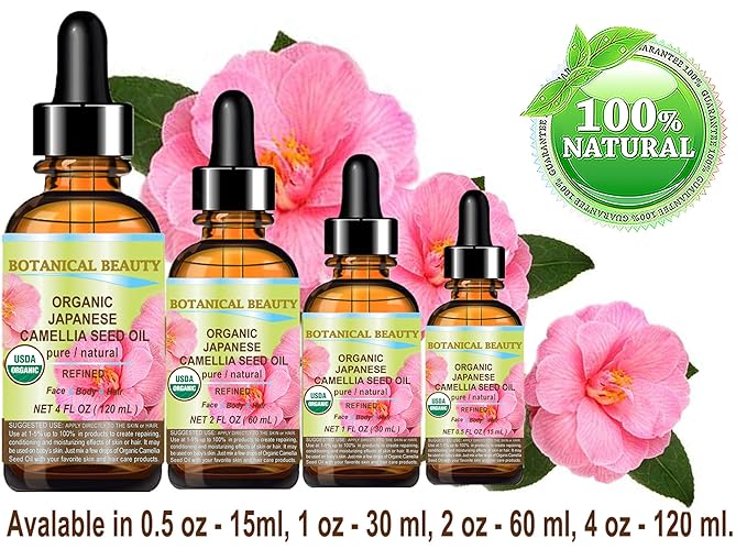 Botanical Beauty Japanese ORGANIC CAMELLIA Seed Oil. 100% Pure Natural Undiluted Refined Cold Pressed Carrier Oil to revitalize and rejuvenate the hair, skin and nails. 0.5 Fl. oz 15 ml
