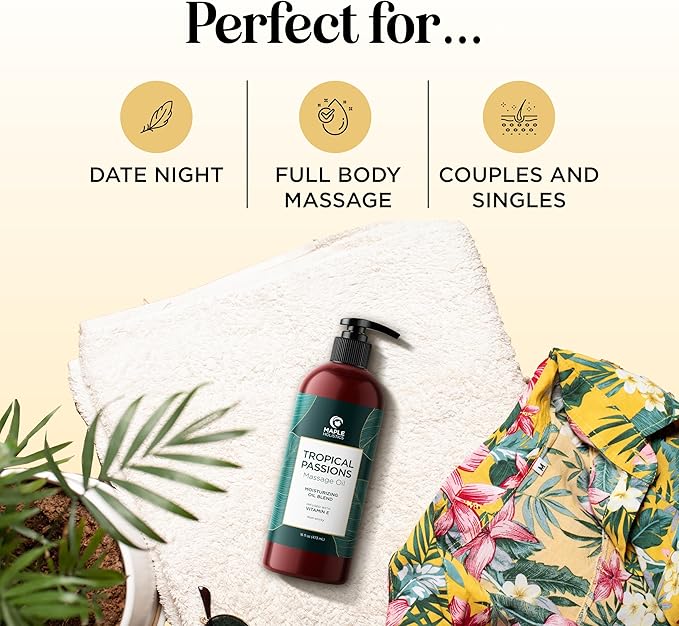 Tropical Massage Oil for Couples Relaxation - Full Body Massage Oil for Date Night with Smooth Gliding Coconut and Sweet Almond Oil with Mango Scent - Non GMO Gluten Free & Vegan (16 Fl Oz)