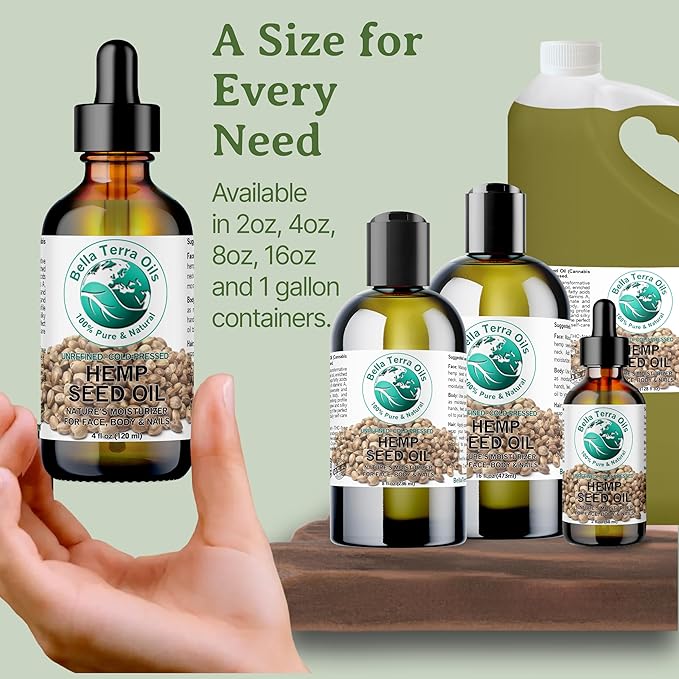 Bella Terra Oils - Hemp Seed Oil 4 oz - Dive into the World of Linoleic Acid & Alpha-Linolenic Acid, Packed with Essential Vitamins, Perfect for Cosmetic Elixirs