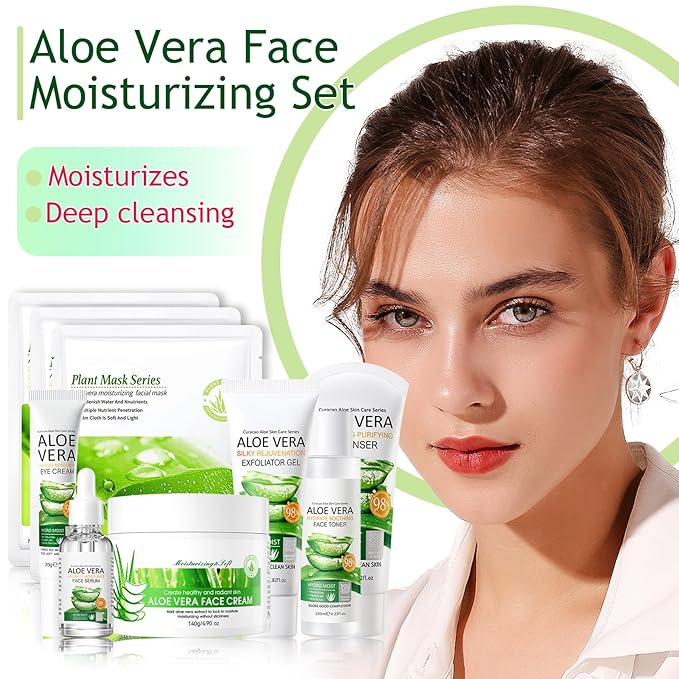 Aloe Vera Skincare Set,Hydrating Travel Size Face Wash,Moisturizing Face Toner & Face Serum & Face Cream,Eye Cream Skin Care Gift Set for Women(9PCS)