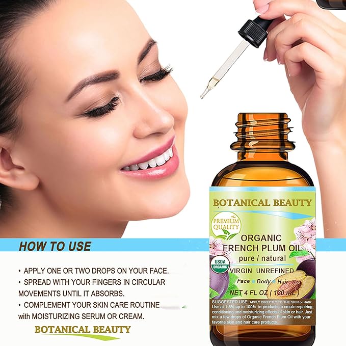 Botanical Beauty Organic French PLUM OIL 100% Pure Natural VIRGIN UNREFINED Cold-Pressed Carrier Oil 2 Fl oz 60 ml for Face, Skin, Body, Hair, Lip, Nails. Rich in Vitamin E, Omega 6, Omega 9