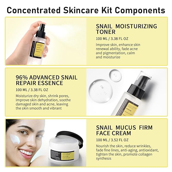 Advanced Snail 96% Mucin Power Essence Set – Korean Skincare Set for Women, Includes Snail Mucin Serum,Hydrating Toner & Face Cream, Moisturizing & Skin Renewal, 3PCS Travel Size Toiletries