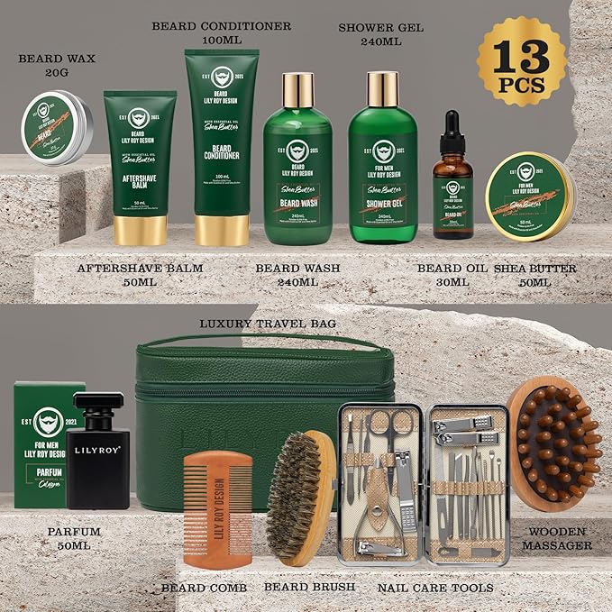 Father's Day Bath & Beard Gift Set for Men - 13-Piece Luxury Grooming Kit with Beard Wash | Perfect Christmas, Birthday, Valentine's Day Gifts for Him/Dad, Self Care Ideal All Occasion Holiday Present
