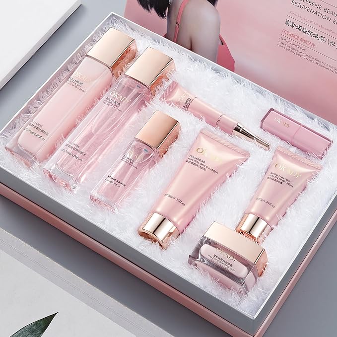 8-in-1 Skincare & Makeup Gift Set with Antioxidant Complex – Cleanser, Toner, Lotion,Serum, Eye Cream,BB Cream & Velvet Lip Color – Hydrating Routine for All Skin Types, Daily Glow Essentials 