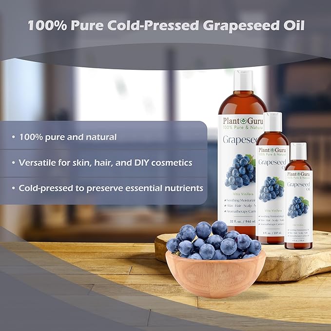 Grapeseed Oil 8 oz. Cold Pressed 100% Pure Natural Carrier For Skin, Body, Face, and Hair Growth Moisturizer. Great For Creams, Lotions, Lip balm and Soap Making.