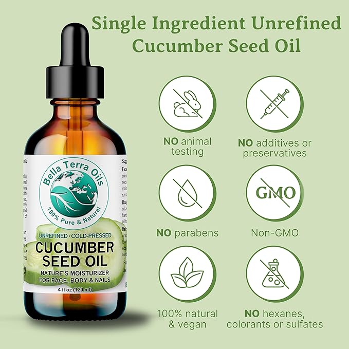 Bella Terra Oils - Cucumber Seed Oil 4 oz - Embrace the Essence of Cucumber, Rich in Linoleic Acid & Phytosterols, Elevate Your Face and Skin Routine