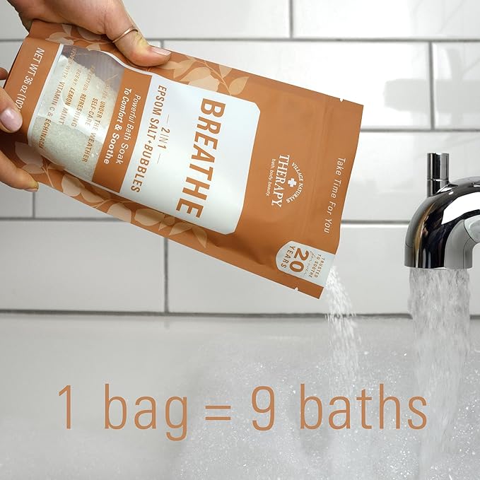 Village Naturals Breathe Foaming Body Soak, Epsom Salt, Essential Oils, Soothing Bubbles, Sea Salt 36 oz, Pack of 2