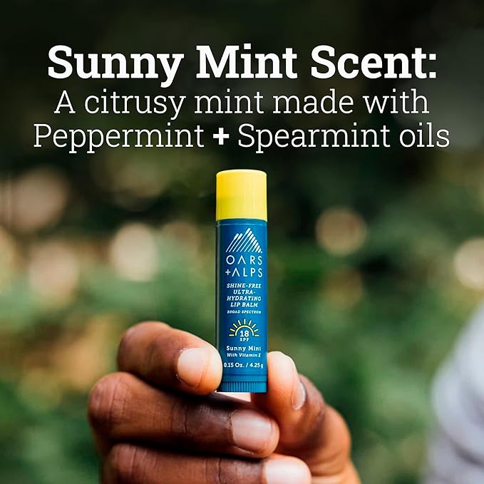 Oars + Alps Lip Suncreen, SPF 18 Lip Balm, Shine Free Sunscreen for Lips, Infused with Vitamin E, Peppermint & Spearmint, Water & Sweat Resistant, Moisturizing, Hydrating, Sunny Mint Scent, 3pk