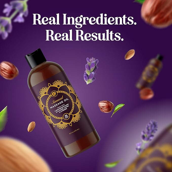 Aromatherapy Sensual Massage Oil for Couples - Relaxing Lavender Massaging Oil for Massage Therapy with Vitamin E Jojoba & Sweet Almond - Naturally Scented Vegan Non GMO & Gluten Free (16 Fl Oz)