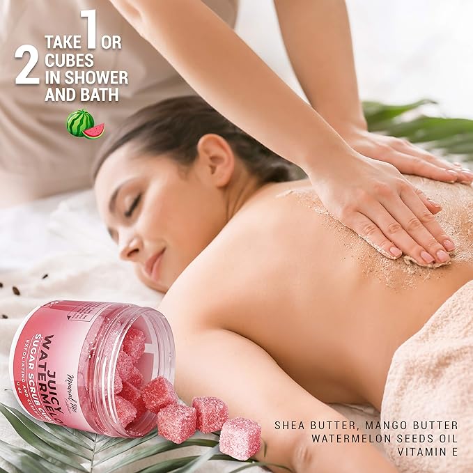 Body Scrub Exfoliator - 12oz WATERMELON Sugar scrub cubes w/Mango Butter & Shea butter- Ultra Hydrating & Moisturizing - All Natural & Organic for all body exfoliation- For hands, arms legs, elbow
