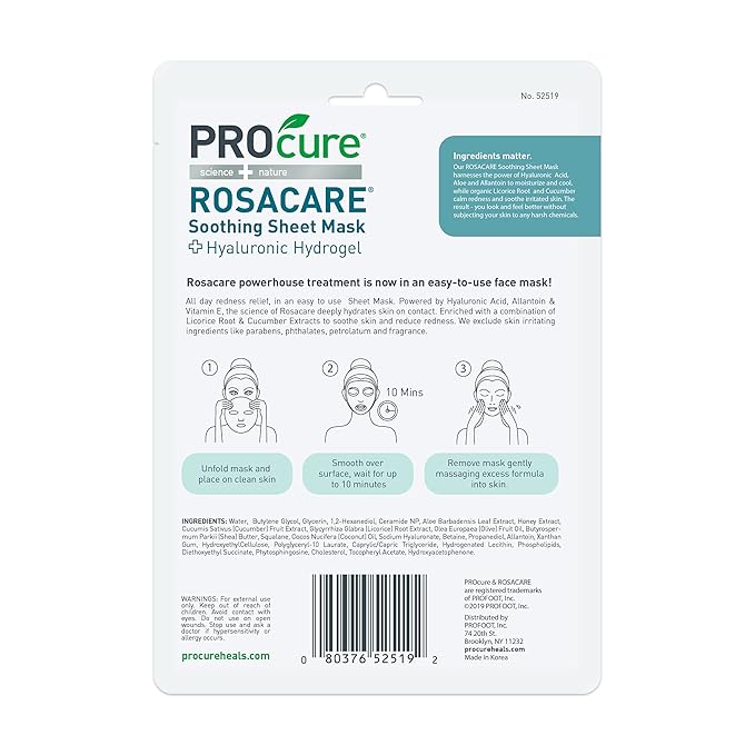 PROcure Rosacare Soothing Sheet Face Mask with Hyaluronic Hydrogel for Rosacea Symptoms, 2 Masks