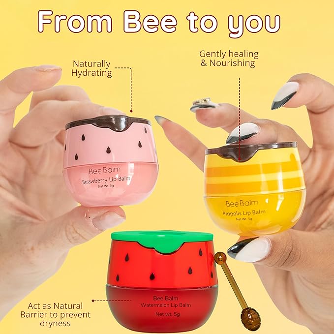 3 Pcs Original My Bee Balm Lip Balm β Hydrating Lip Care with Watermelon, Strawberry & Honey Pot β Moisturizing Balm for Dry, Chapped & Cracked Lips with Propolis, Honey & Vitamin E