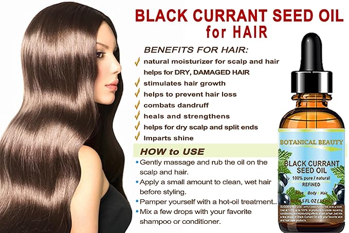 BLACK CURRANT SEED OIL 100% Pure Natural Undiluted Refined Cold Pressed Carrier oil. 2 Fl.oz. - 60ml For Face, Skin, Hair, Lip, Nails. Richest in Gamma Linolenic acid, Omega 3 by Botanical Beauty