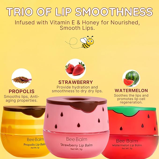 3 Pcs Original My Bee Balm Lip Balm β Hydrating Lip Care with Watermelon, Strawberry & Honey Pot β Moisturizing Balm for Dry, Chapped & Cracked Lips with Propolis, Honey & Vitamin E