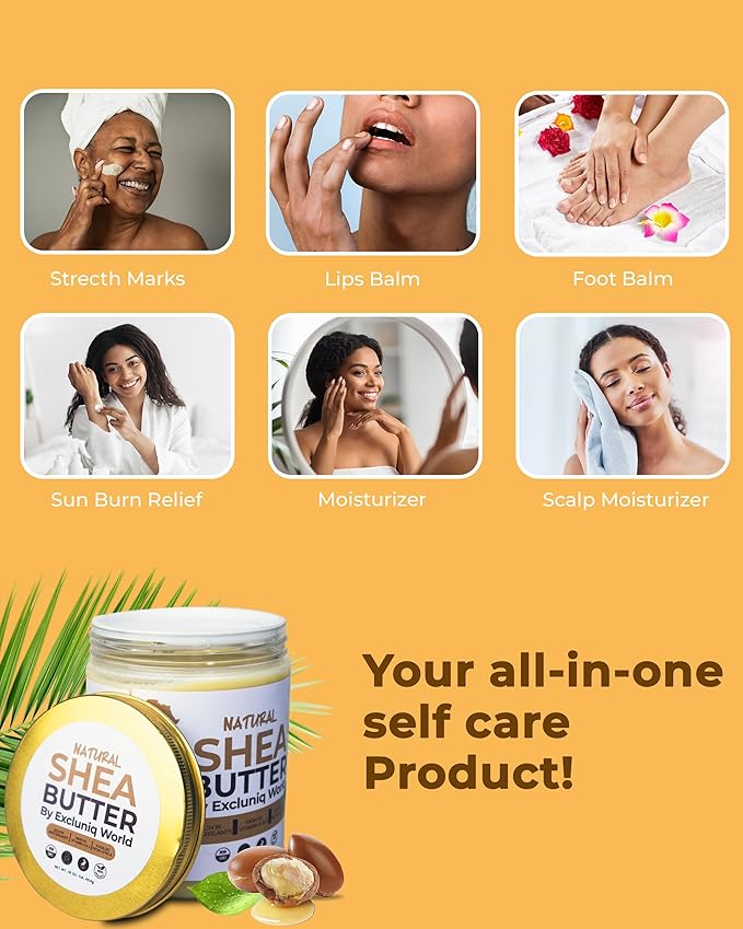 Natural Shea Butter by Excluniq World | Deep Moisturizer for Skin and Hair | Ideal for DIY Skincare, Haircare, and Natural Remedies | Unrefined, Raw, and Organic Soothing balm in 16 Oz Jar