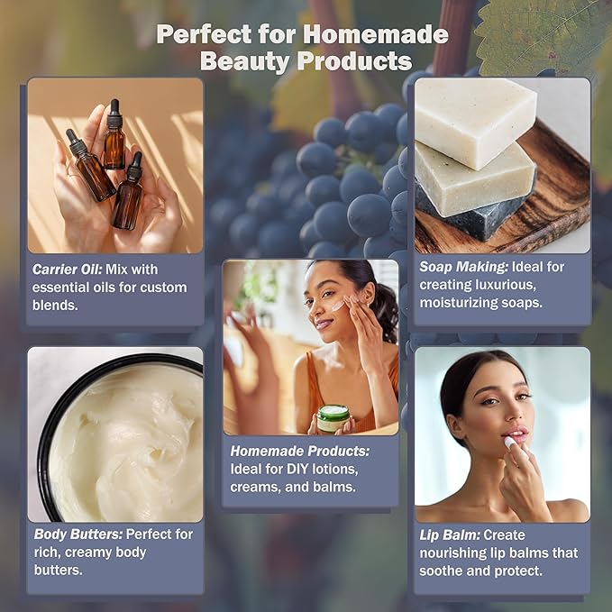 Grapeseed Oil 8 oz. Cold Pressed 100% Pure Natural Carrier For Skin, Body, Face, and Hair Growth Moisturizer. Great For Creams, Lotions, Lip balm and Soap Making.