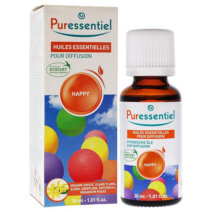 Puressentiel - Essential Oils for Diffusion - Happy Blend - Aromatherapy - Therapeutic, Gentle, Sweet, Scented Oil - Pure, Natural and Vegan - 1 fl oz Bottle