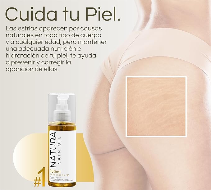 Natura Skin Oil 5fl OZ - Anti-Stretch Marks and Scars Body Oil Skin Care Firming, Non-Greasy, Deeply Hydrates and Nourishes - Tensor and Skin Repair Effect., Gold