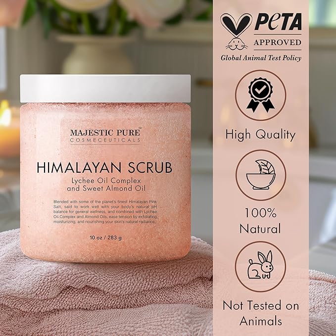 MAJESTIC PURE Himalayan Salt Body Scrub with Lychee Oil, Exfoliating Salt Scrub to Exfoliate & Moisturize Skin, Deep Cleansing - 10 oz