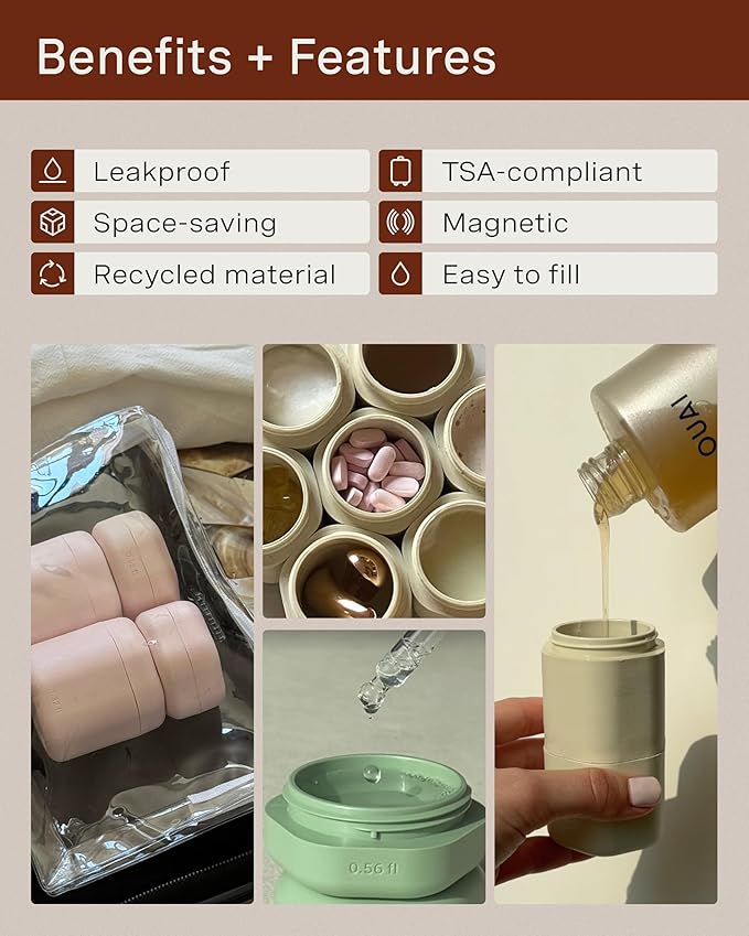 Cadence Travel Containers - Full Skincare Set - Magnetic Travel Capsules - 2 Small (0.56oz), 4 Medium Capsules (1.32oz), & Extender (1.43oz) with Multiple Labels for Better Organization - Eucalyptus