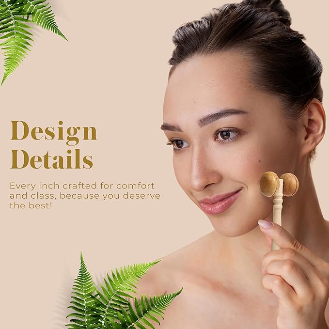 Bella Ciao Body and Skin Care Set, 6-PC, Face Massage Roller, Hair Brush, Pumice Stone, Loofah, Exfoliating Sponge, Wooden Tray Gift Basket, Bath and Body Gift Set, Valentines Day Gifts for Her