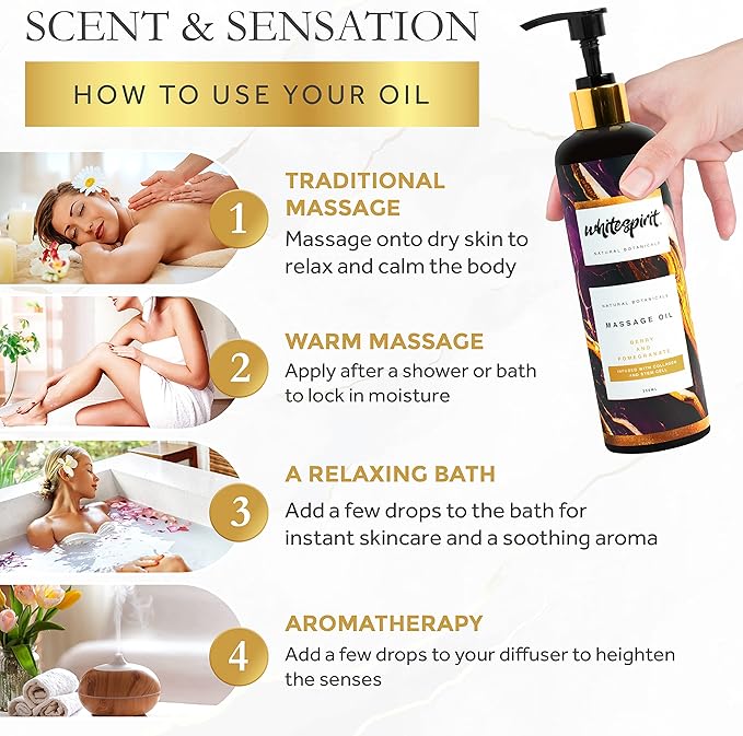 WHITESPIRIT Water Soluble Massage Oil - Large 11.83oz, Berry & Pomegranate Relaxing Aromatherapy, Warming Soothing Touch Plus Collagen