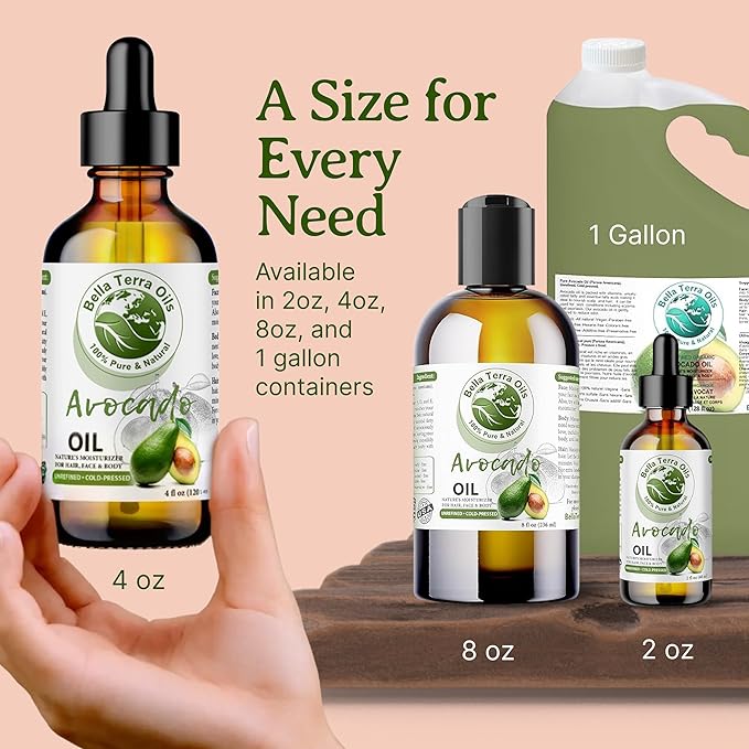 Bella Terra Oils - Avocado Oil 4 oz - Dive into The Purity of Natural Avocado, Abundant in Vitamin K & C, Superior Blend for Essential Oils