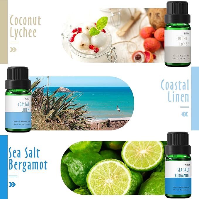 Beach Fragrance Oil, MitFlor Premium Scented Oils for Diffuser, Soap & Candle Making Scents, Summer Aromatherapy Essential Oils Set, Coastal Linen, Ocean Mist and More, 6x10 ml
