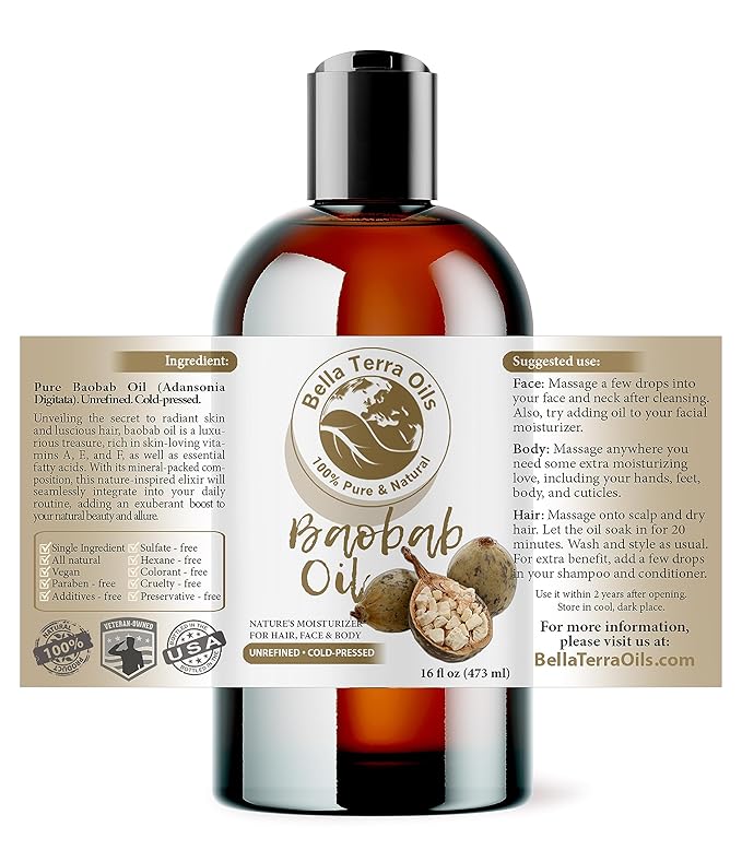 Bella Terra Oils - Baobab Oil 16oz - The Ultimate Choice for Skin Hydration, A Symphony of Amino Acids & Essential Minerals for Your Skin