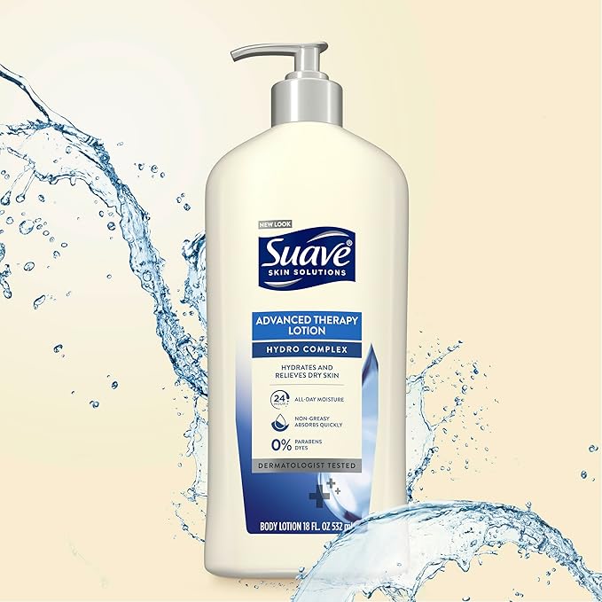 Suave Lotion, Hydro Complex Advanced Therapy Bundle – Daily Moisturizing Body Lotion for Dry Skin with Vitamin E, 18-Oz Pump Bottle + 3-Oz Travel-Size