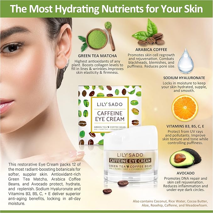 LILY SADO TEA+C™ Coffee & Matcha Caffeine EYE CREAM - Anti-aging Vegan Natural Eye Repair Moisturizer Lotion w Arabica Coffee Beans + Green Tea - Prevents Undereye Wrinkles, Puffiness, Dark Circles