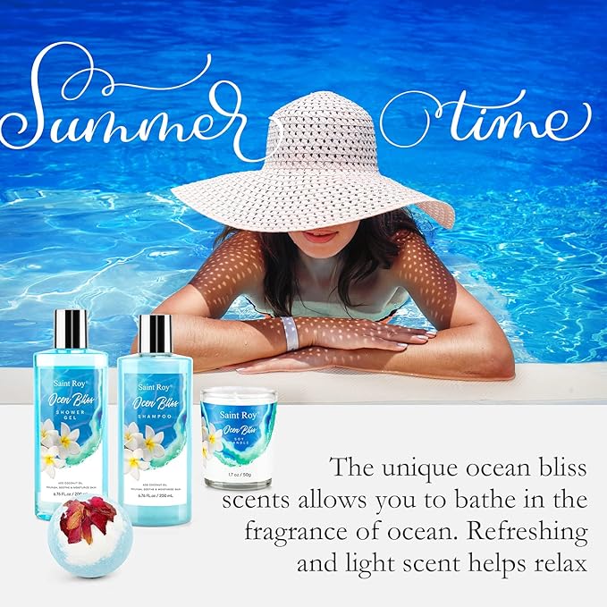 Mother's Day Gifts Spa kit Gifts for Her or Him Birthday Gifts for Women, Luxury Home Spa Kit, 8pcs Bath Gift Set Ocean & Vanilla, Gift Baskets for Women Unique with Bath Bombs, Scented Body Lotion